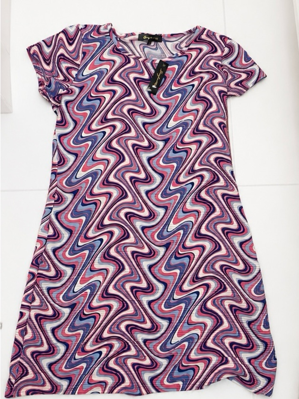 Womens Pink & Purple Wave-Print Short Sleeve Dress
